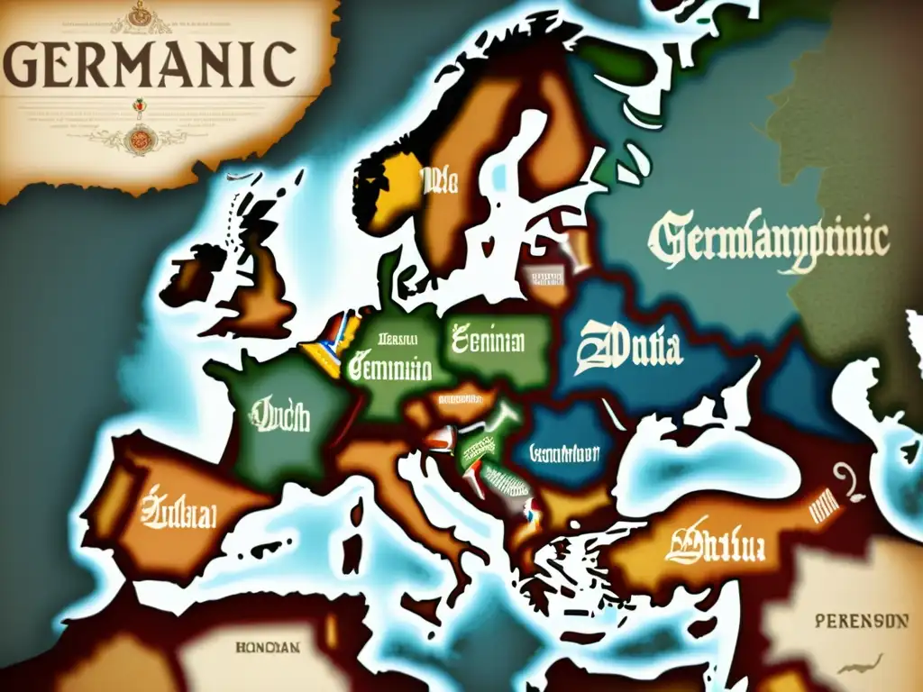 Mapa detallado de la comparativa de lenguas hermanas Alemán, Inglés, Neerlandés en Europa con ilustraciones culturales y lingüísticas detalladas