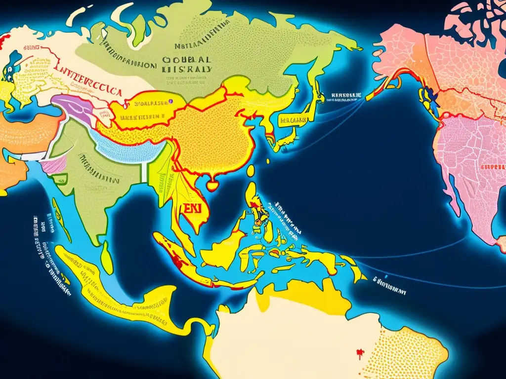 Mapa detallado de conexiones lingüísticas transcontinentales, mostrando la diversidad y la interconexión global de idiomas