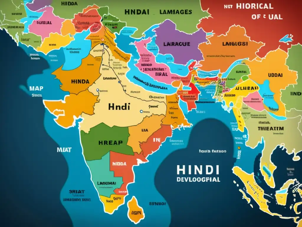 Mapa detallado que ilustra el desarrollo histórico y la difusión geográfica del hindi y urdu, con colores distintivos que representan la evolución de los idiomas a lo largo del tiempo