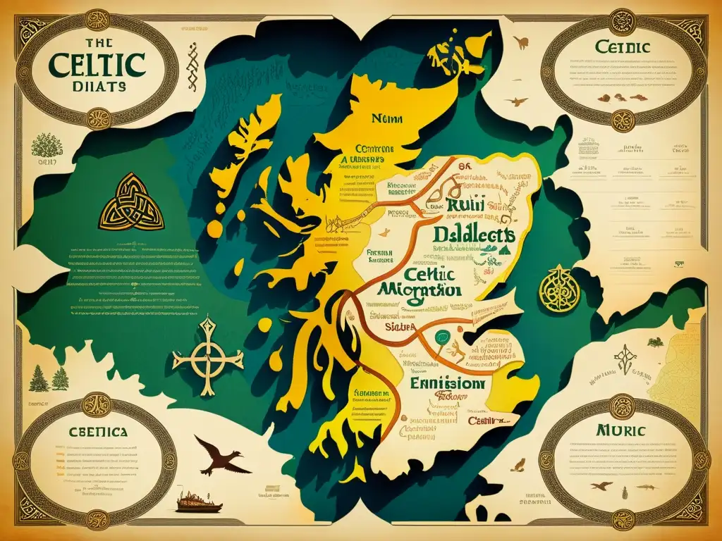 Mapa detallado que muestra la evolución de los dialectos celtas a lo largo de los siglos, con caligrafía intrincada y símbolos celtas