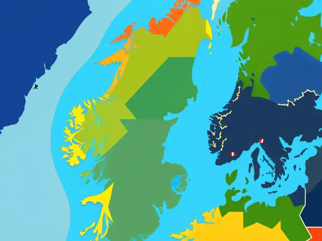 Mapa detallado de Escandinavia con diferencias entre noruego, sueco y danés representadas en colores vibrantes y paisajes icónicos