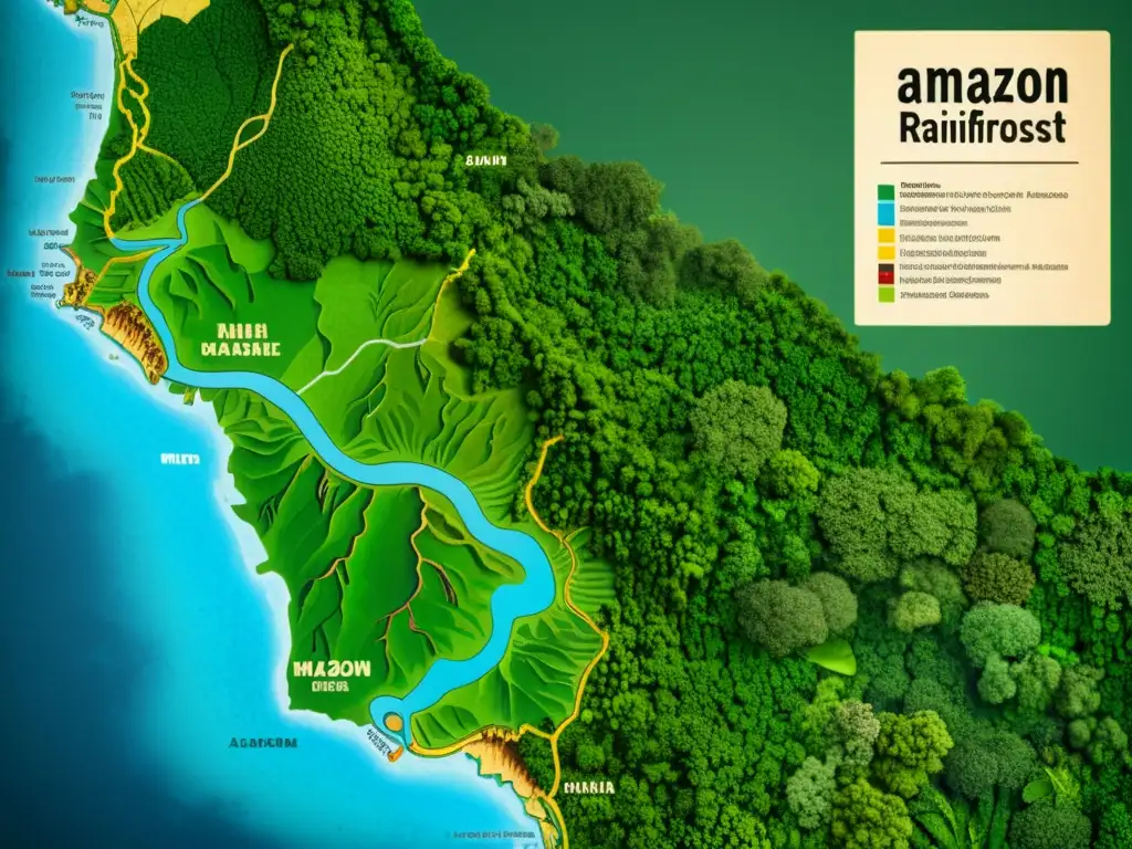 Mapa detallado de la diversidad lingüística y cultural en la selva amazónica, con ilustraciones de comunidades indígenas y flora