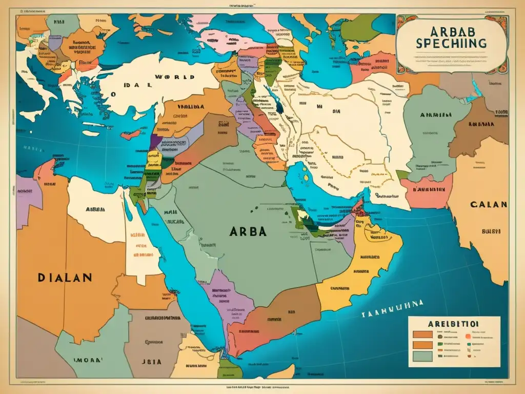 Mapa detallado estilo vintage del mundo árabe, resaltando las diferencias dialectales regionales y la riqueza cultural