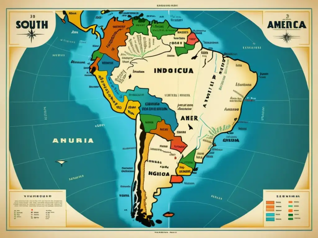 Mapa detallado de Sudamérica con la estructura verbal del Quechua y otros idiomas indígenas, evocando historia y riqueza cultural