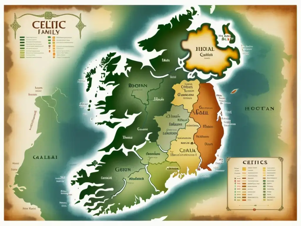 Mapa detallado de la familia lingüística celta en tonos terrosos, mostrando patrones y excepciones en gaélico escocés