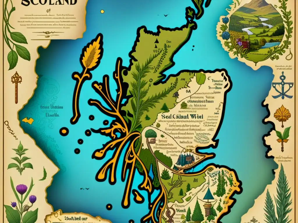 Mapa detallado de Escocia con evolución del gaélico escocés y símbolos tradicionales, evocando historia y herencia cultural