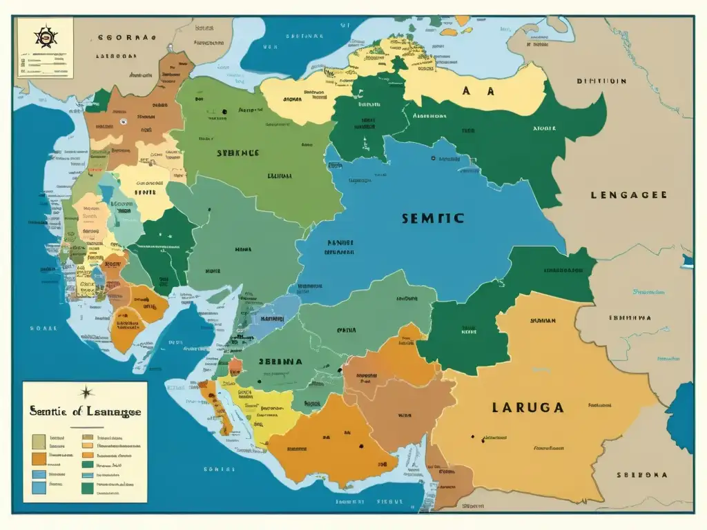 Mapa detallado de la distribución geográfica de los idiomas semíticos, con apariencia antigua y marcas culturales