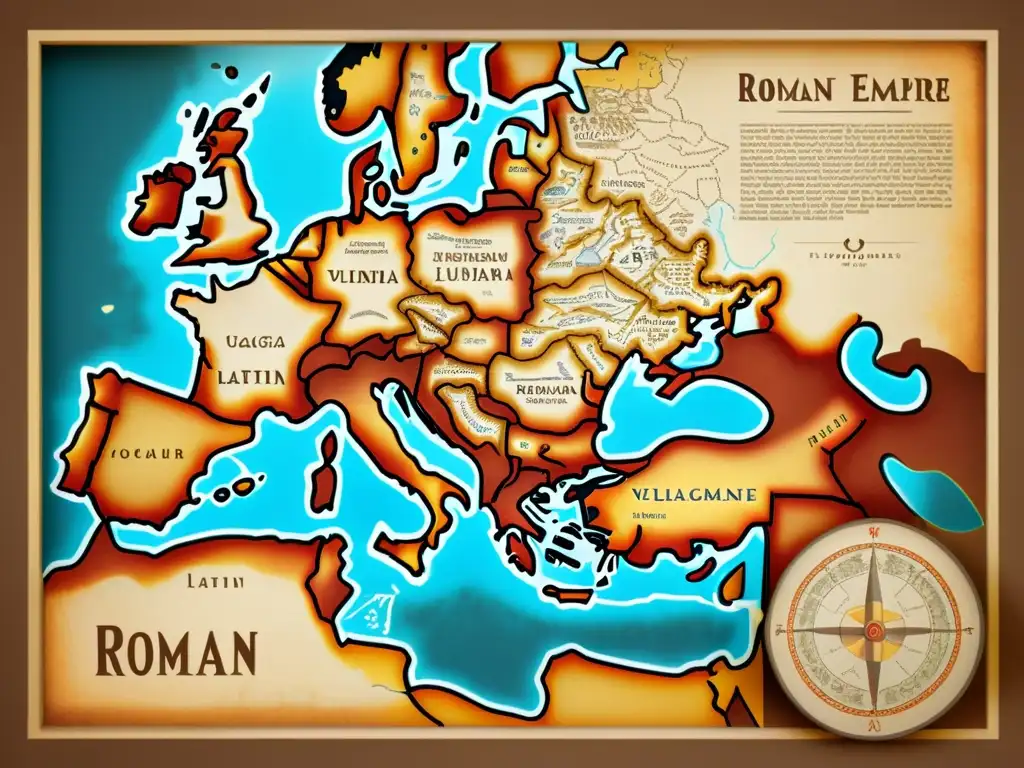 Mapa detallado del Imperio Romano con caligrafía y tonos sepia que evocan el origen y evolución del latín vulgar