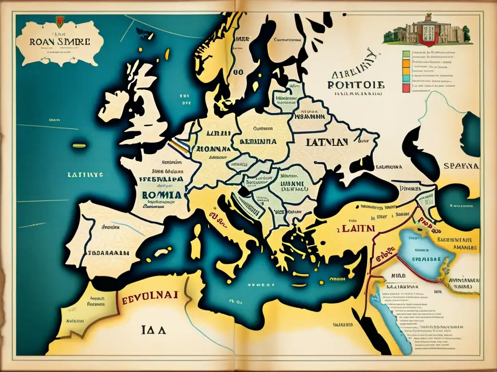 Mapa detallado del Imperio Romano mostrando la evolución del latín a lenguas romances, con ilustraciones antiguas y tonos sepia