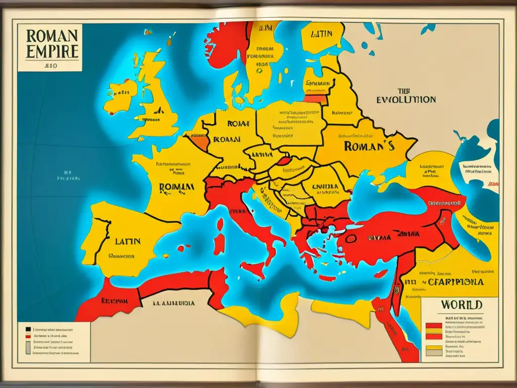 Mapa detallado del Imperio Romano con la expansión del latín en distintos territorios, ilustrando su influencia y evolución cultural