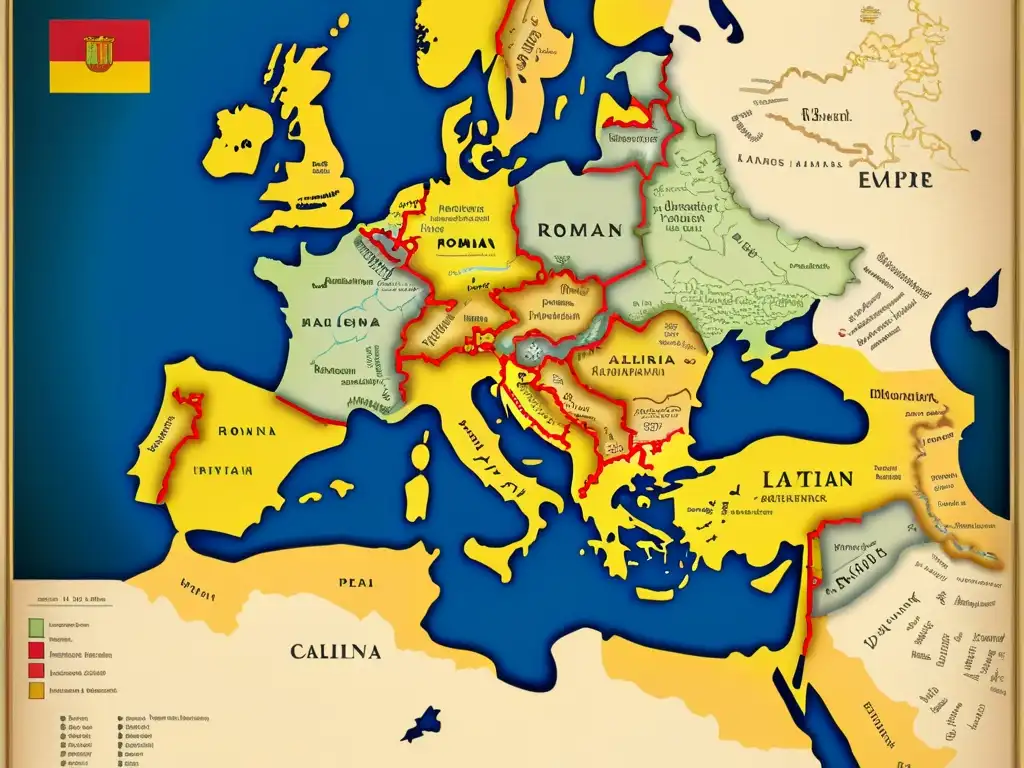 Mapa detallado del Imperio Romano en su apogeo, con evolución lingüística y marcadores históricos, evocando la riqueza cultural del árbol genealógico de las lenguas romances