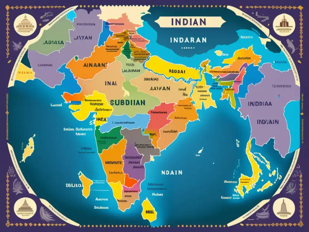 Mapa detallado de la India con diversificación de lenguas IndoArias y cambio constante, reflejando su rica diversidad lingüística y cultural