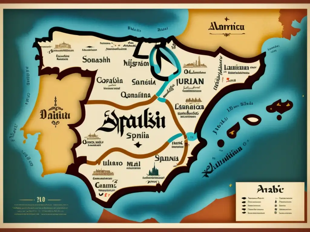 Mapa histórico de la influencia árabe en el español Mapa detallado de la influencia árabe en español, con elegante caligrafía y tonos terrosos