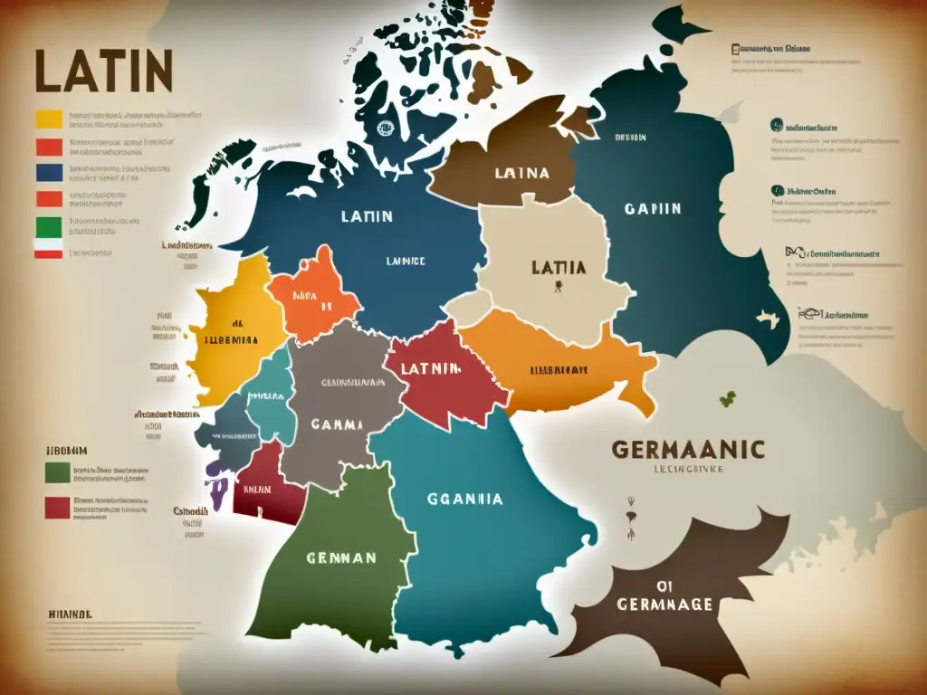 Mapa detallado que muestra las influencias del latín en lenguas germánicas con símbolos culturales y lingüísticos, representando el intercambio y asimilación