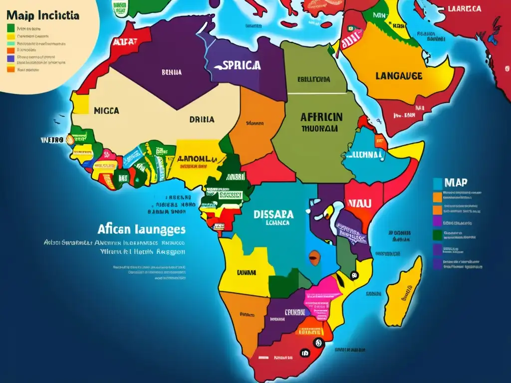 Un mapa detallado muestra la evolución de lenguas africanas en diáspora, con colores vibrantes y anotaciones detalladas