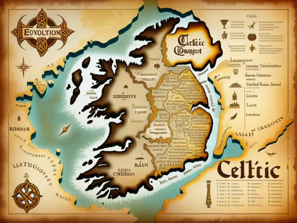 Mapa detallado que muestra la evolución de las lenguas celtas tras la conquista romana, con caligrafía intrincada y tonos cálidos evocando historia