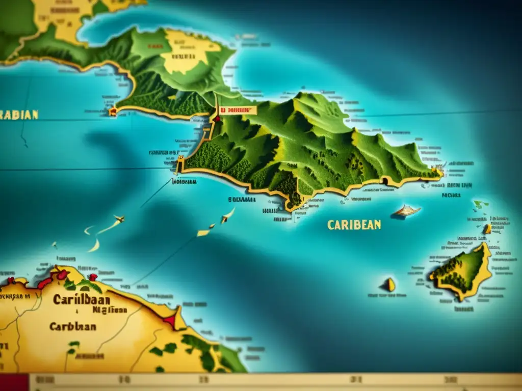 Mapa detallado en 8k de las lenguas criollas del Caribe evolución, con detalles cartográficos vintage y texturas de pergamino