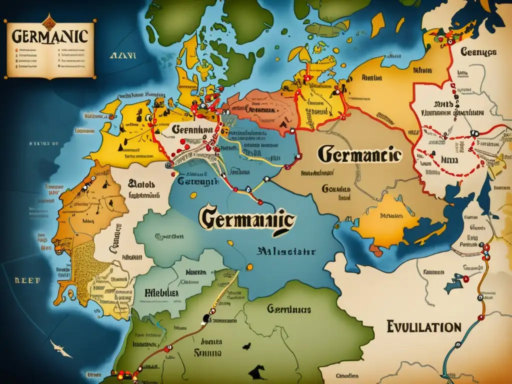 Mapa detallado de la expansión y evolución de las lenguas germánicas a lo largo del tiempo, con ilustraciones antiguas y rutas de migración