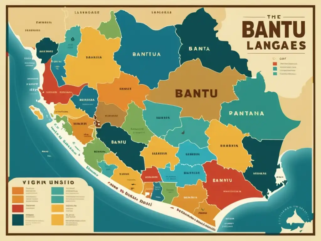 Mapa detallado de lenguas bantúes con ilustraciones vibrantes y símbolos culturales, perfecto para aprender fonética lenguas bantúes