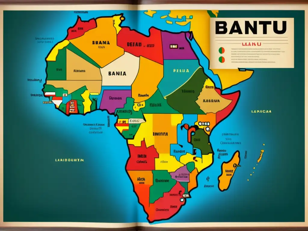 Mapa detallado de distribución de lenguas bantúes en África, con instrumentos tradicionales y símbolos culturales únicos