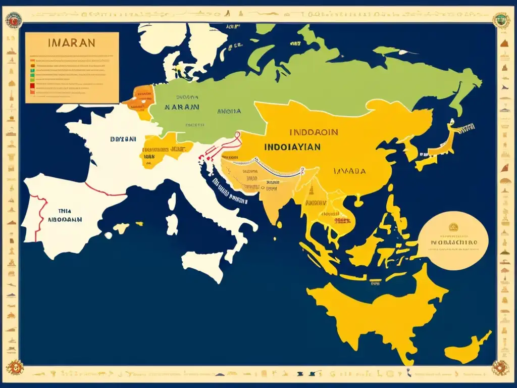 Mapa detallado de la migración de lenguas IndoArias a lo largo de la historia, con símbolos culturales y anotaciones lingüísticas