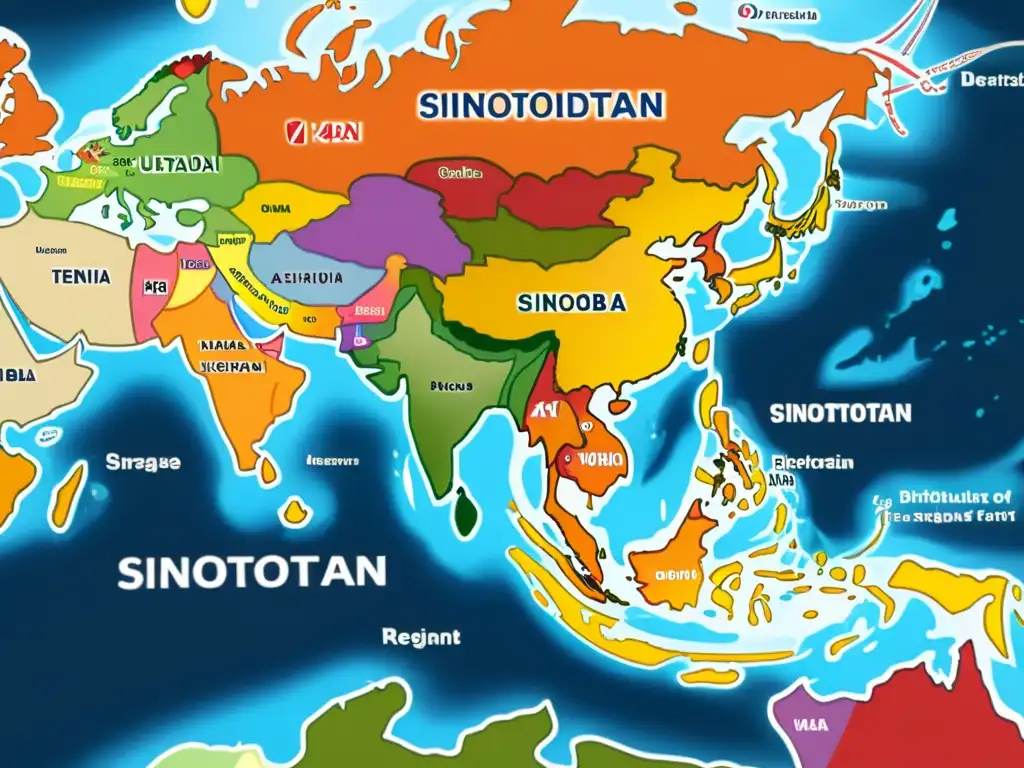 Mapa detallado en 8k muestra la presencia mundial de idiomas sinotibetanos en la toponimia, con colores vibrantes y etiquetas legibles