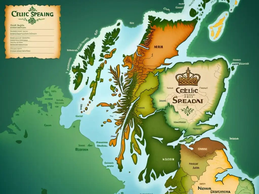 Mapa detallado de regiones celtas con variación fonética en tonos terrosos y caligrafía intrincada, mostrando diversidad lingüística