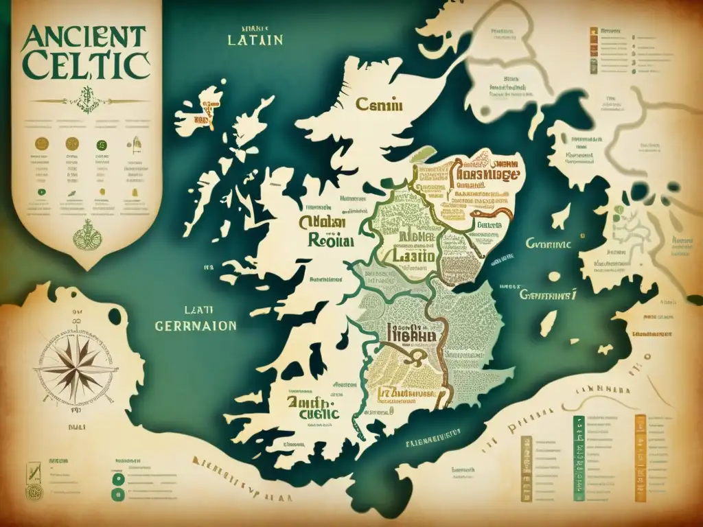 Mapa detallado de regiones de lenguas celtas con influencias externas en fonética celta, evocando profundidad histórica