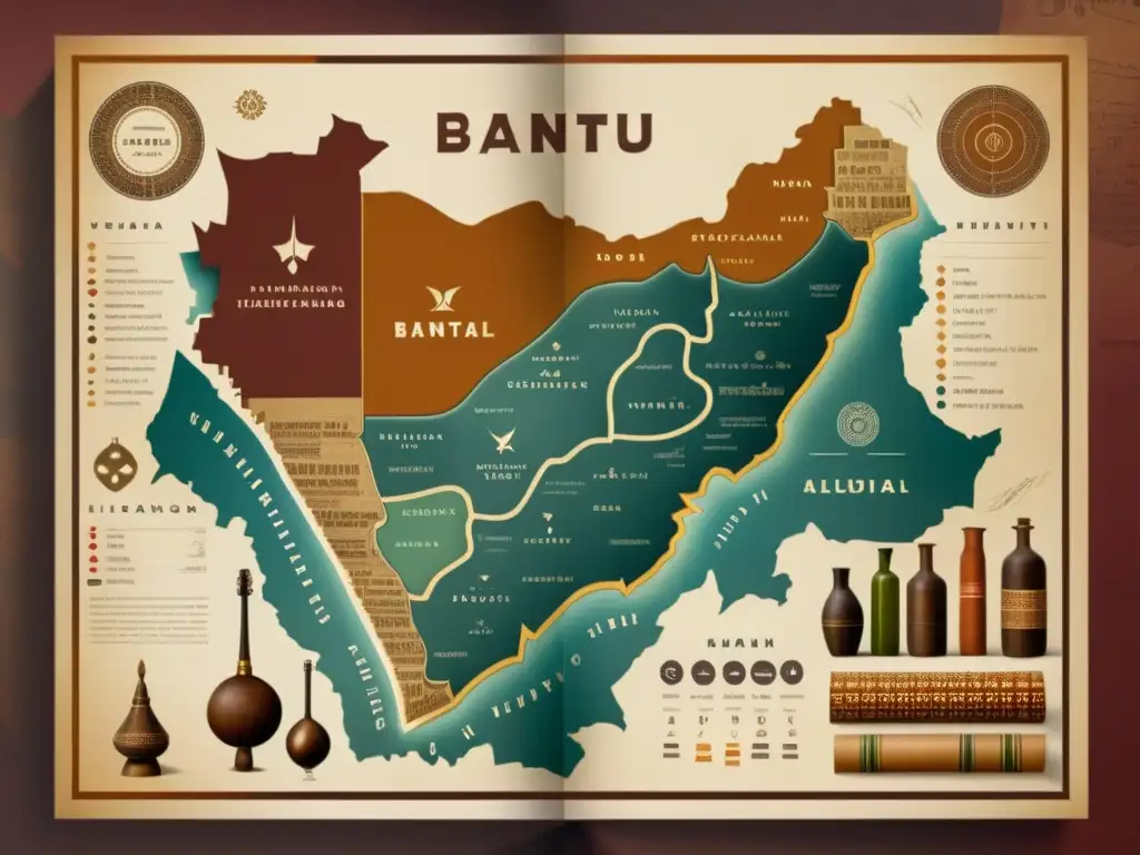 Mapa detallado de regiones lingüísticas Bantú con instrumentos tradicionales, patrones geométricos y escritura a mano, evocando nostalgia académica y herencia cultural en tonos terrosos