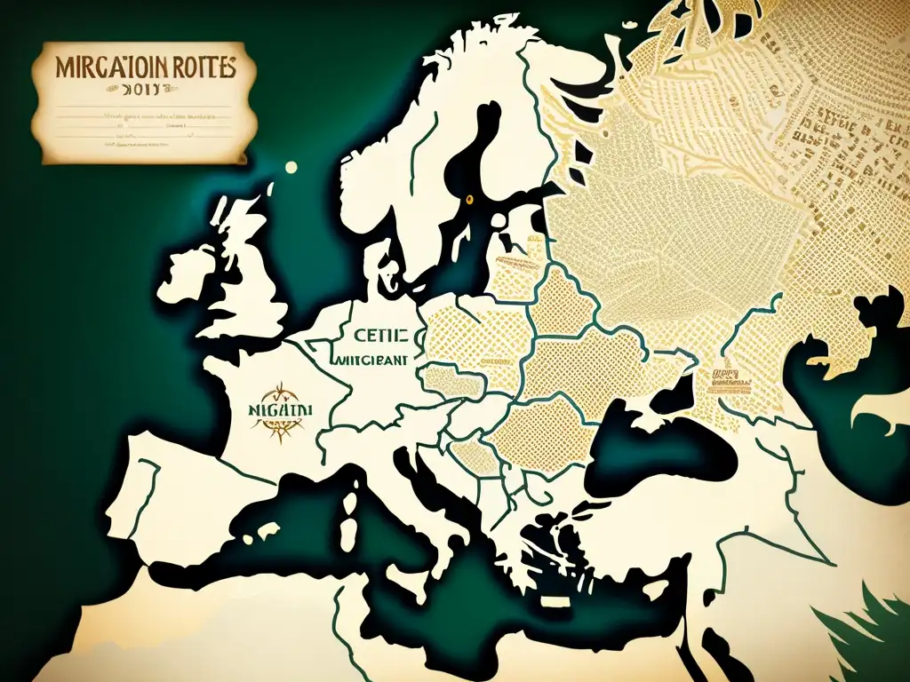 Mapa detallado de rutas de migración de idiomas celtas en Europa, con ilustraciones de tribus antiguas y dialectos