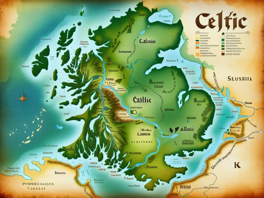 Mapa detallado de tierras celtas antiguas con características distintivas de fonología celta y anotaciones en gaélico, sobre pergamino envejecido