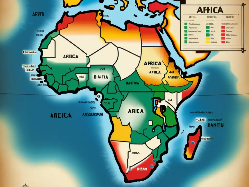 Un mapa detallado en tonos terrosos que muestra la interacción entre lenguas bantúes, con etiquetas en varios idiomas bantúes en caligrafía