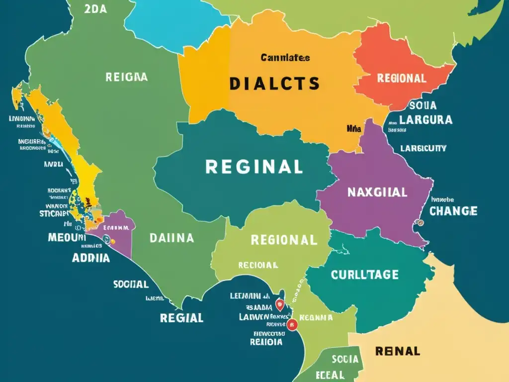 Mapa detallado y vibrante de dialectos regionales, reflejando la transformación debido al cambio social