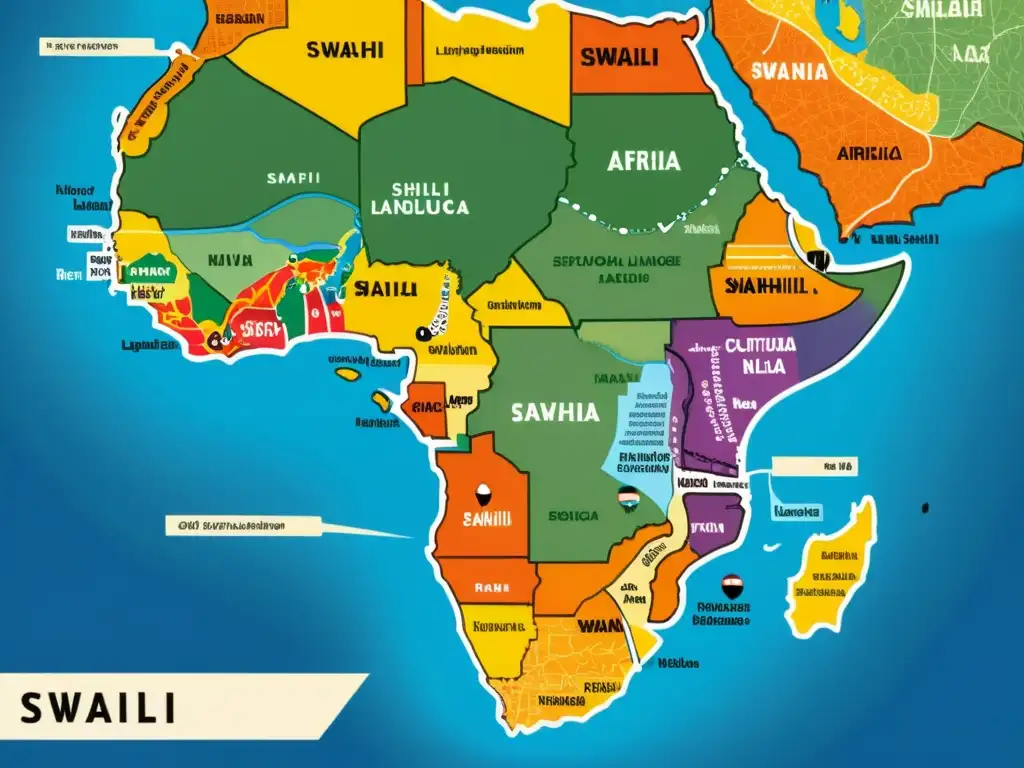 Un mapa detallado y vibrante que muestra la evolución histórica y la difusión del idioma swahili en África oriental, con símbolos e influencias culturales destacadas