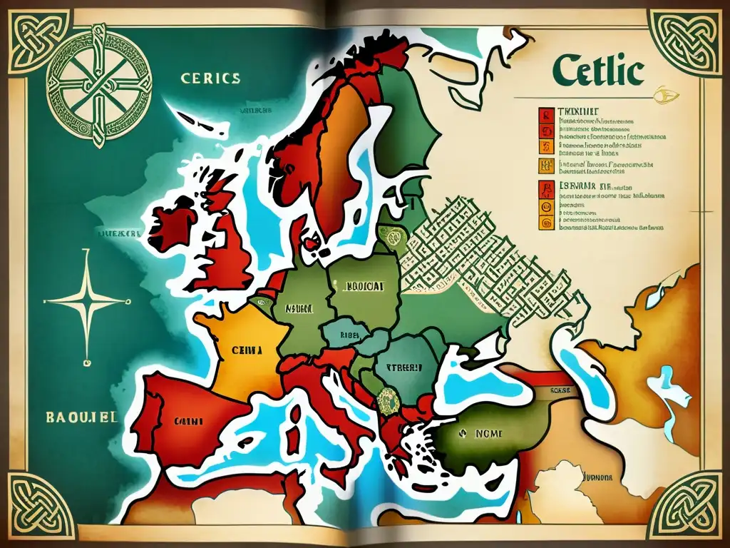 Un mapa detallado y vintage de antiguos territorios celtas, con símbolos de lenguaje celta y influencias latinas