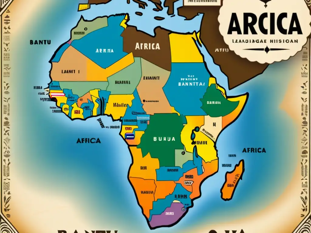 Mapa detallado y vintage de África, resaltando la diversidad y distribución de las lenguas bantúes