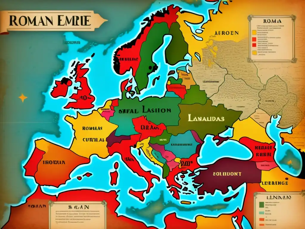Un mapa detallado y vintage del Imperio Romano, mostrando la difusión de lenguas romances en Europa y más allá