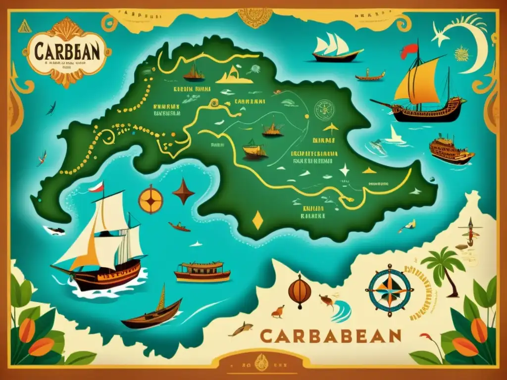 Mapa detallado del Caribe con influencias bantúes Un mapa detallado y vintage del Caribe con influencias culturales y lingüísticas de los Bantu, entrelazado con paisajes vibrantes y escenas costeras