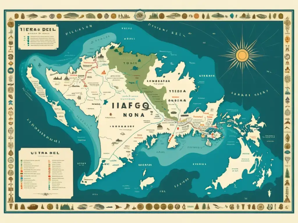 Mapa detallado vintage de Tierra del Fuego con lenguas indígenas y elisión consonántica