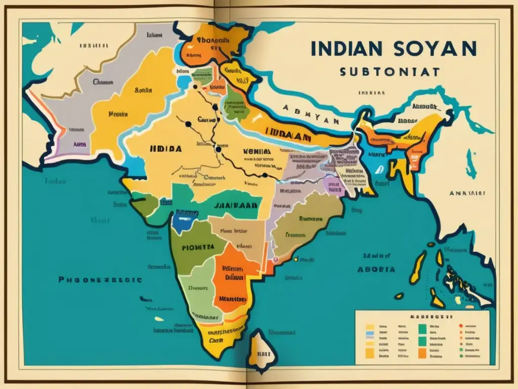 Mapa fonético de dialectos indoarios: Detalles caligráficos y colores representan la diversidad lingüística del subcontinente indio