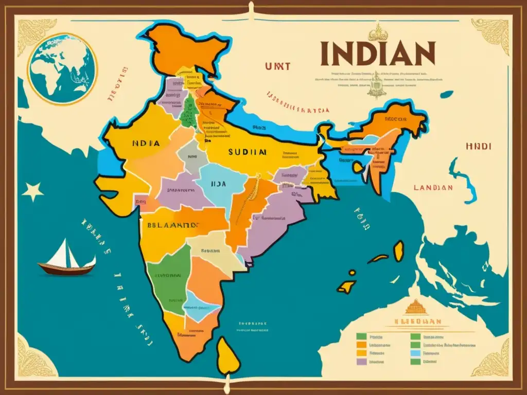 Mapa histórico detallado del subcontinente indio, mostrando el origen del hindi y urdu con ilustraciones vibrantes y símbolos culturales