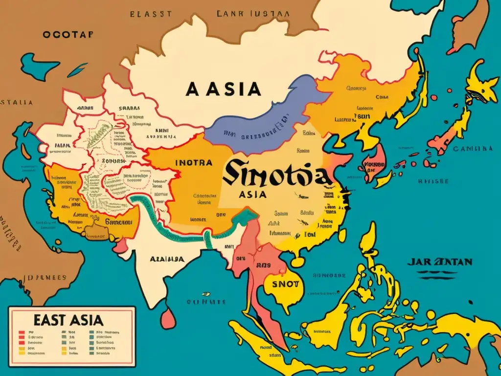 Mapa ilustrado vintage de Asia Oriental, con distribución geográfica de lenguas sino-tibetanas y Chino Mandarín reemplazando dialectos, adornado con caligrafía tradicional y detalles históricos