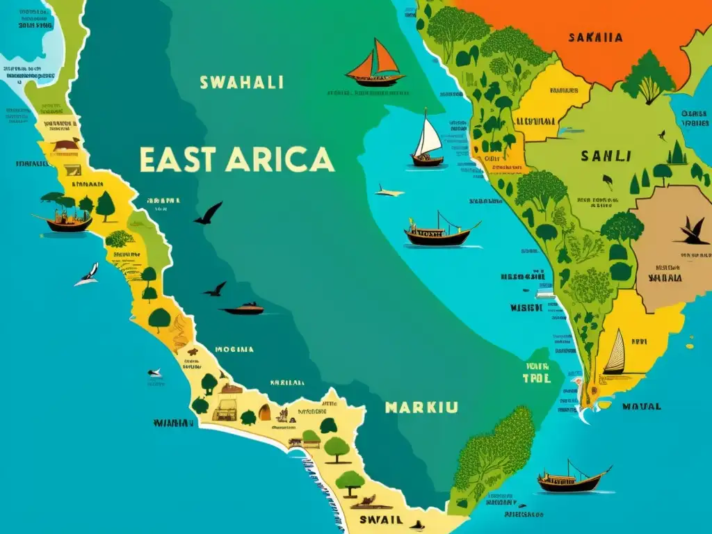 Mapa ilustrado vintage de África Oriental, con detalles vibrantes y escenas culturales, ideal para cursos de Swahili para principiantes