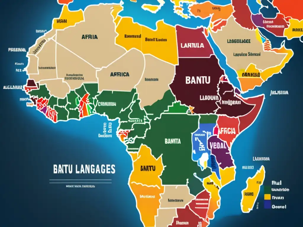 Mapa lingüístico detallado mostrando la expansión de las lenguas bantúes en África y sus interferencias lingüísticas en idiomas vecinos