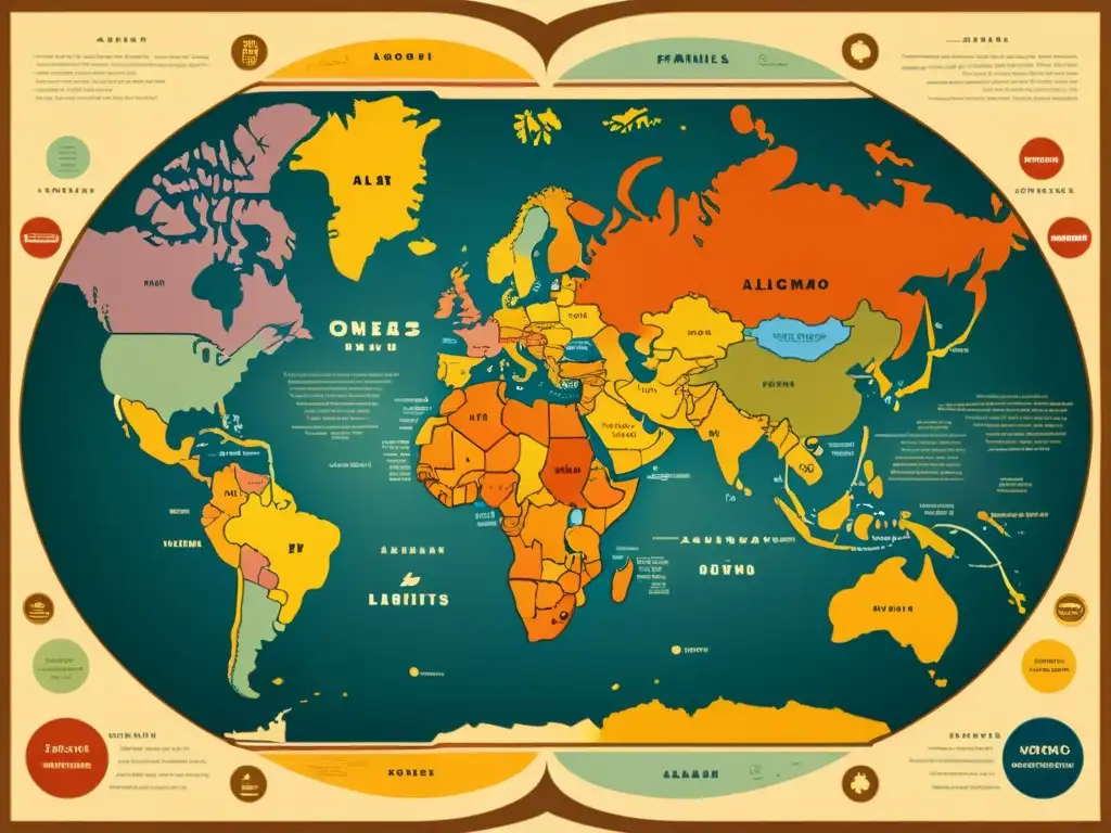 Mapa lingüístico vintage con la palabra 'algoritmos' en varios idiomas, uniendo lingüística y programación en tonos cálidos y detalles intrincados