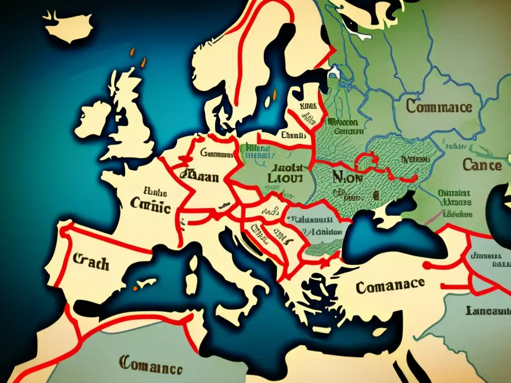 Mapa medieval de rutas comerciales en Europa, destacando la difusión de lenguas romances