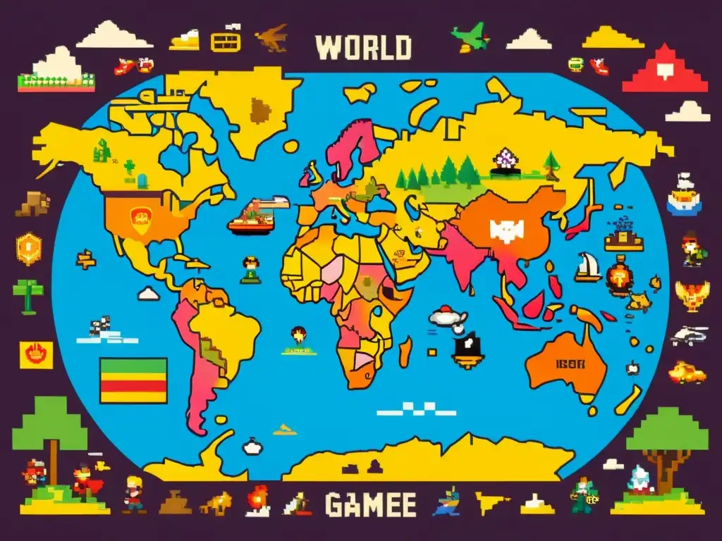 Mapa mundial detallado con personajes de videojuegos en pixel art, destaca la adaptación de videojuegos a culturas