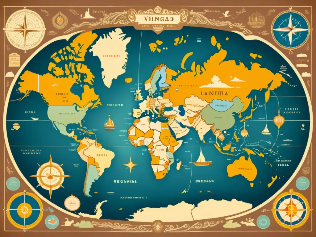 Un mapa mundial vintage detallado con colores desgastados y textos en varios idiomas, simbolizando la diversidad lingüística y la importancia de las políticas lingüísticas en las relaciones internacionales