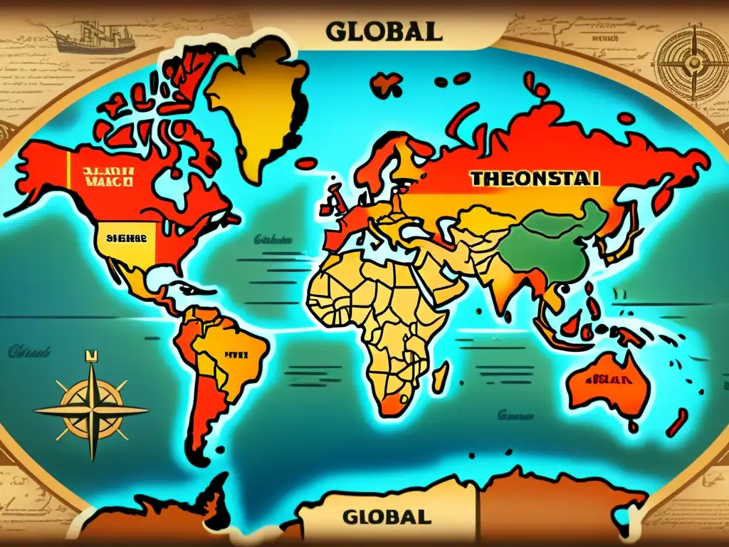 Un mapa mundial vintage con detalles intrincados y colores cálidos y desgastados