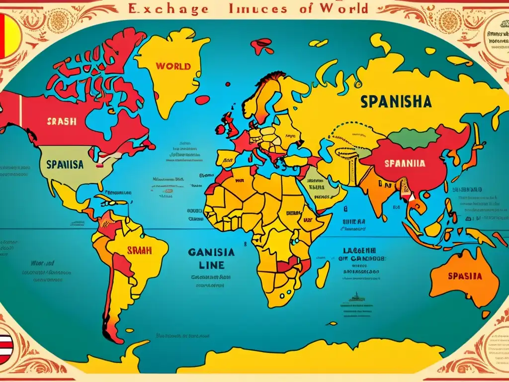 Un mapa del mundo detallado que ilustra los préstamos lingüísticos en español, con líneas conectando países y lenguas